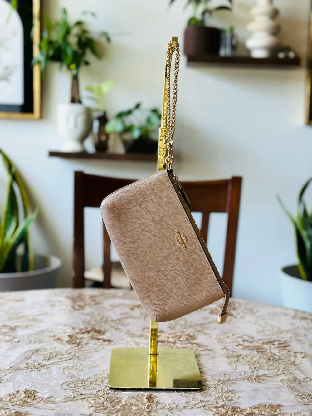 Coach Taupe Leather Wristlet with Gold Hardware